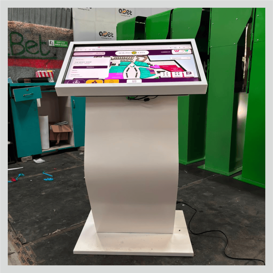 Welcome K-Type kiosk with an interactive touchscreen display for visitor information and self-service.