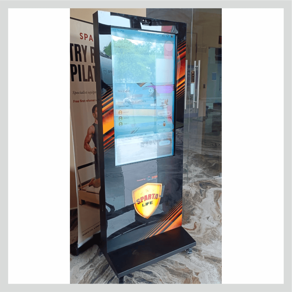 Interactive digital signage display with a touchscreen for digital information, promotions, advertisements, and customer engagement.