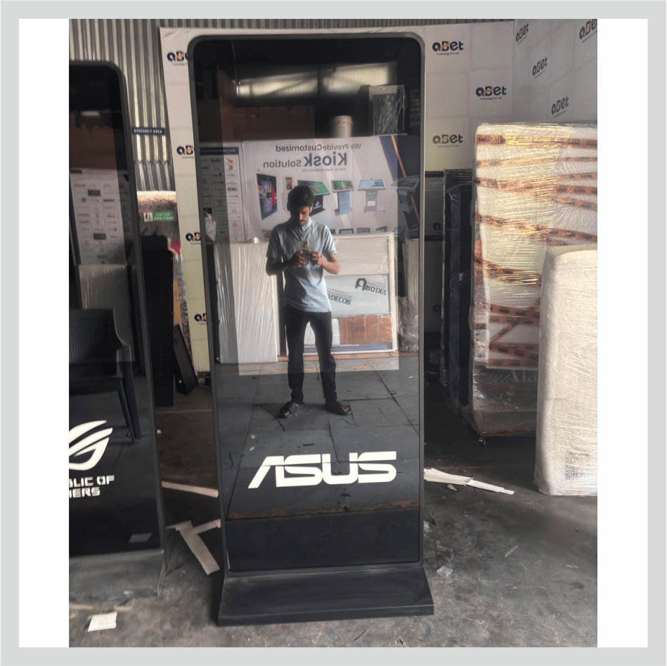 Interactive digital signage for ASUS with a touchscreen display for product information, promotions, and customer engagement.
