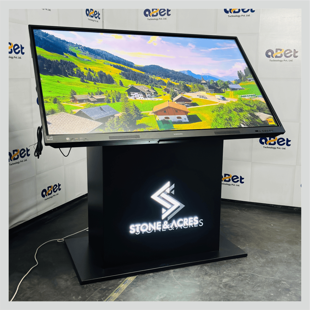 Welcome kiosk for Stone & Acres with an interactive touchscreen for visitor information and digital engagement.
