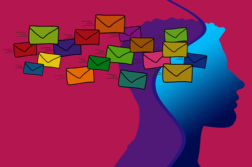 Colorful envelopes emerging from head