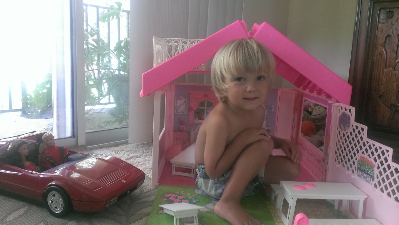 He had fun for a few days playing with my old Barbie house and car.