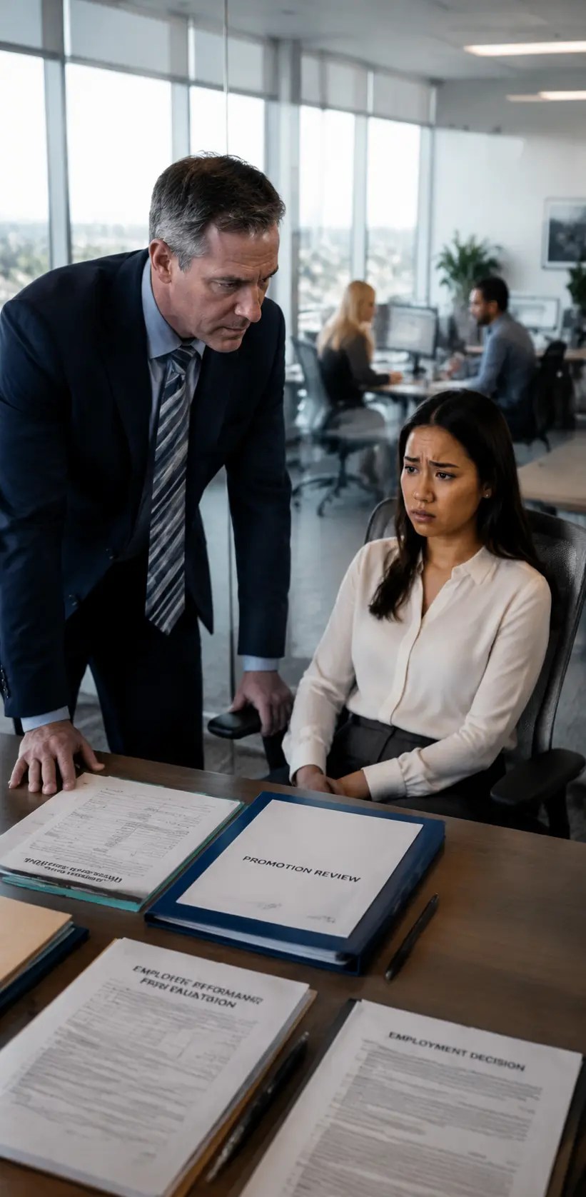 Supervisor Meeting With An Employee To Review Workplace Performance Documents In An Office