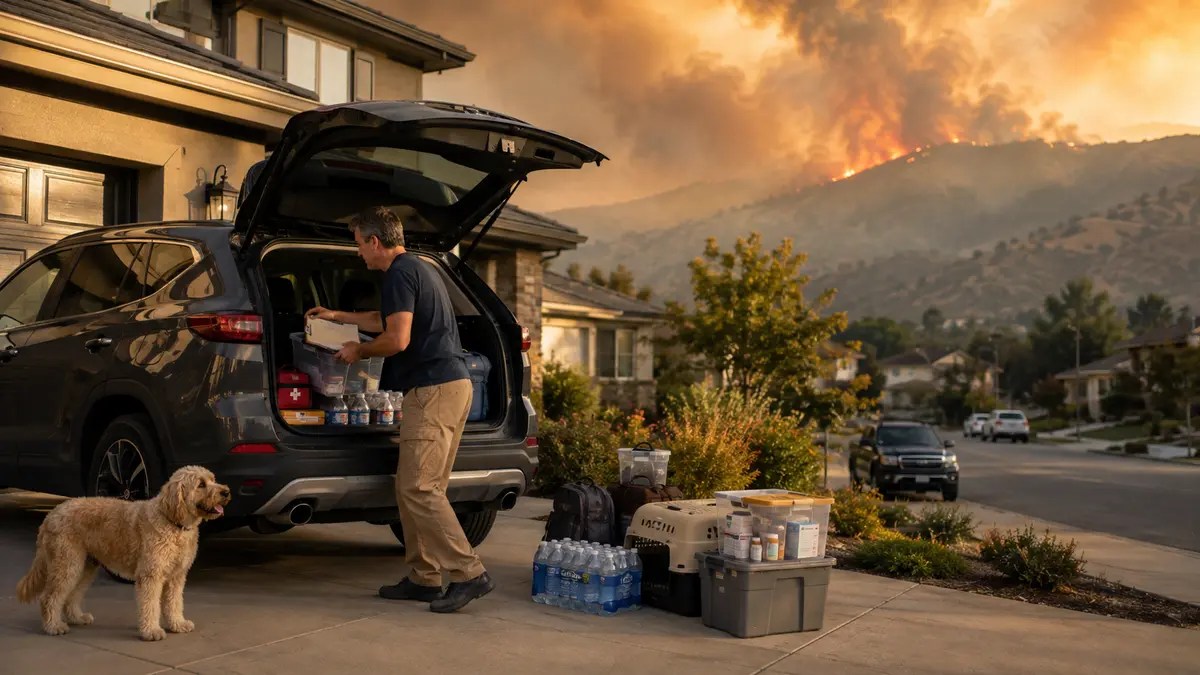 Person Loading Emergency Supplies Into An Suv While Preparing To Evacuate With A Dog As A Wildfire Burns In The Nearby Hills