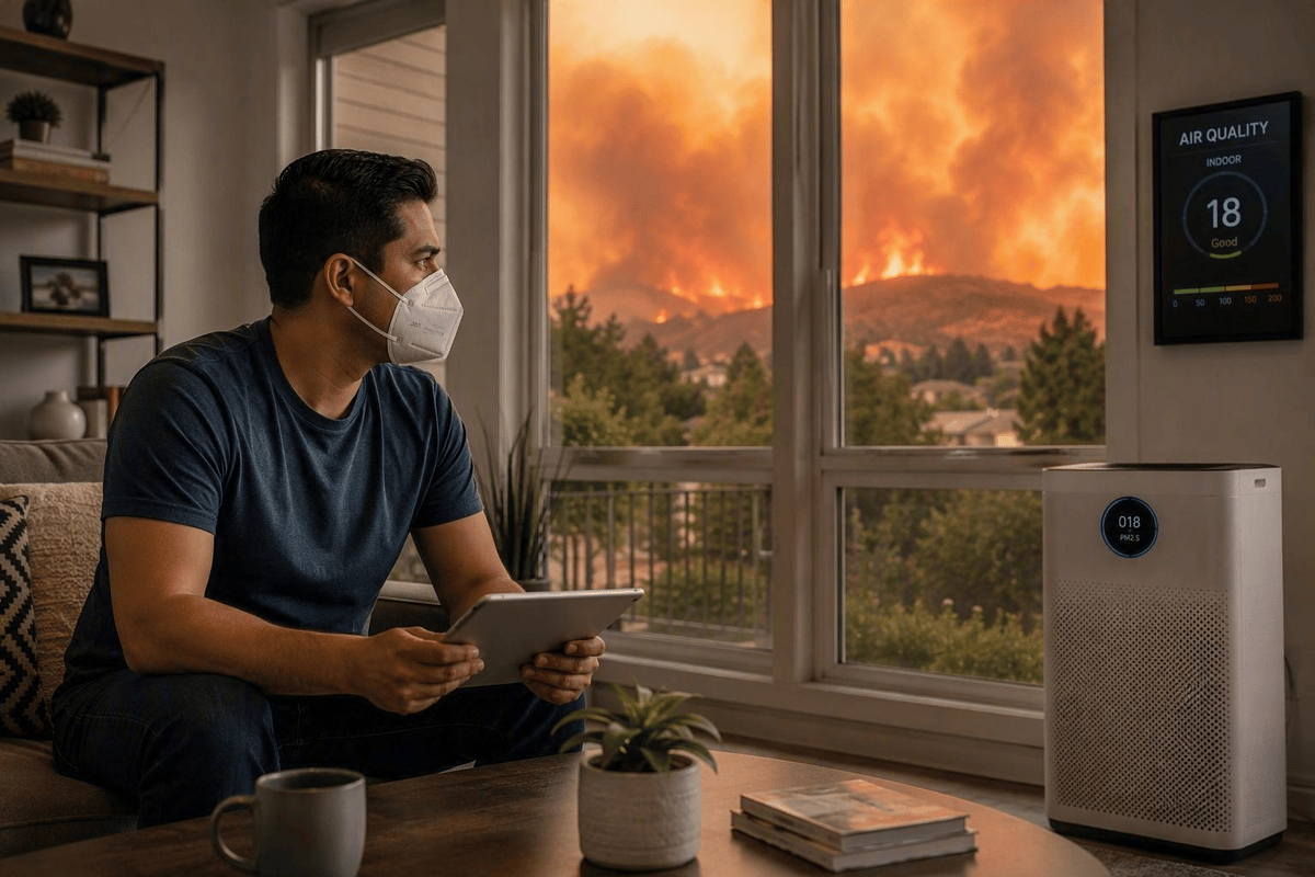 Person Wearing A Face Mask Indoors While Monitoring A Wildfire Burning Outside The Window With An Air Purifier Nearby