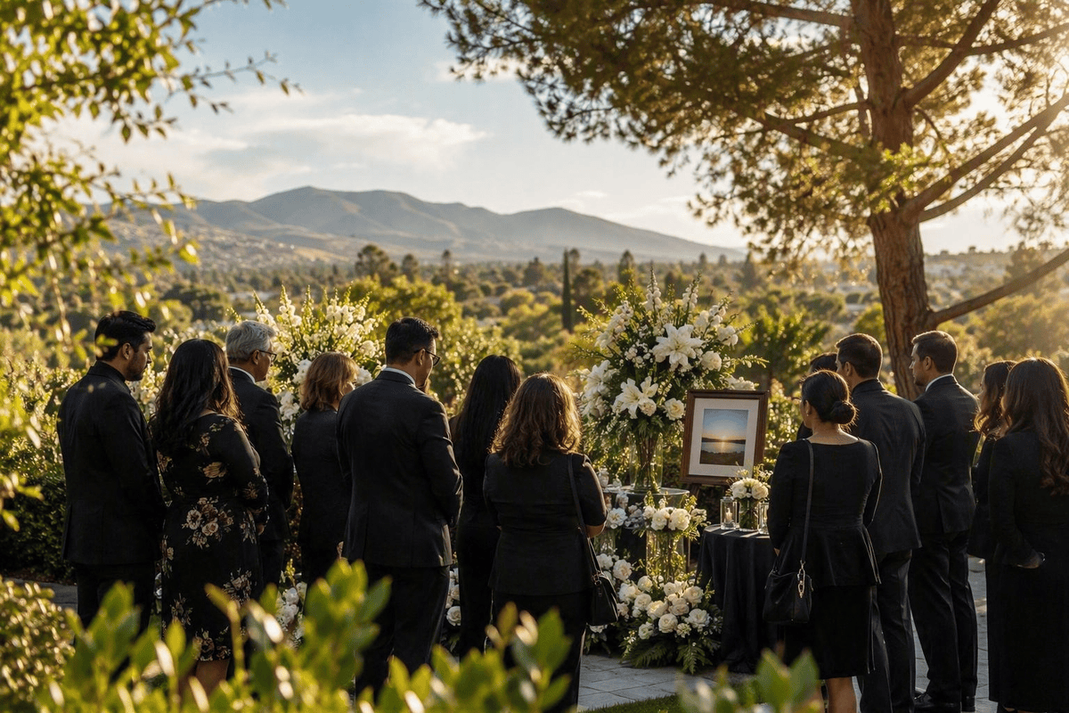 Mourners Gathered Around A Memorial Display And Floral Arrangements During An Outdoor Funeral Service