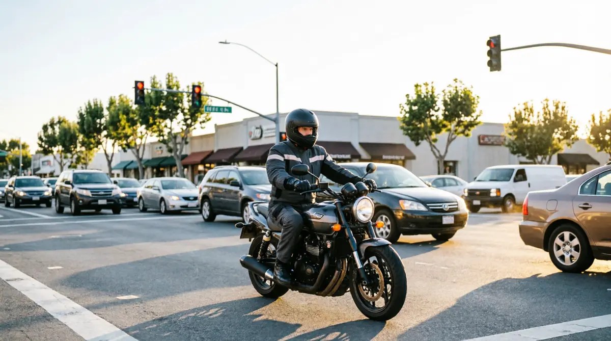 Motorcyclist Riding Through A Busy City Intersection Among Surrounding Traffic