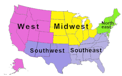 United States Map East West Usa Five Regions Map 