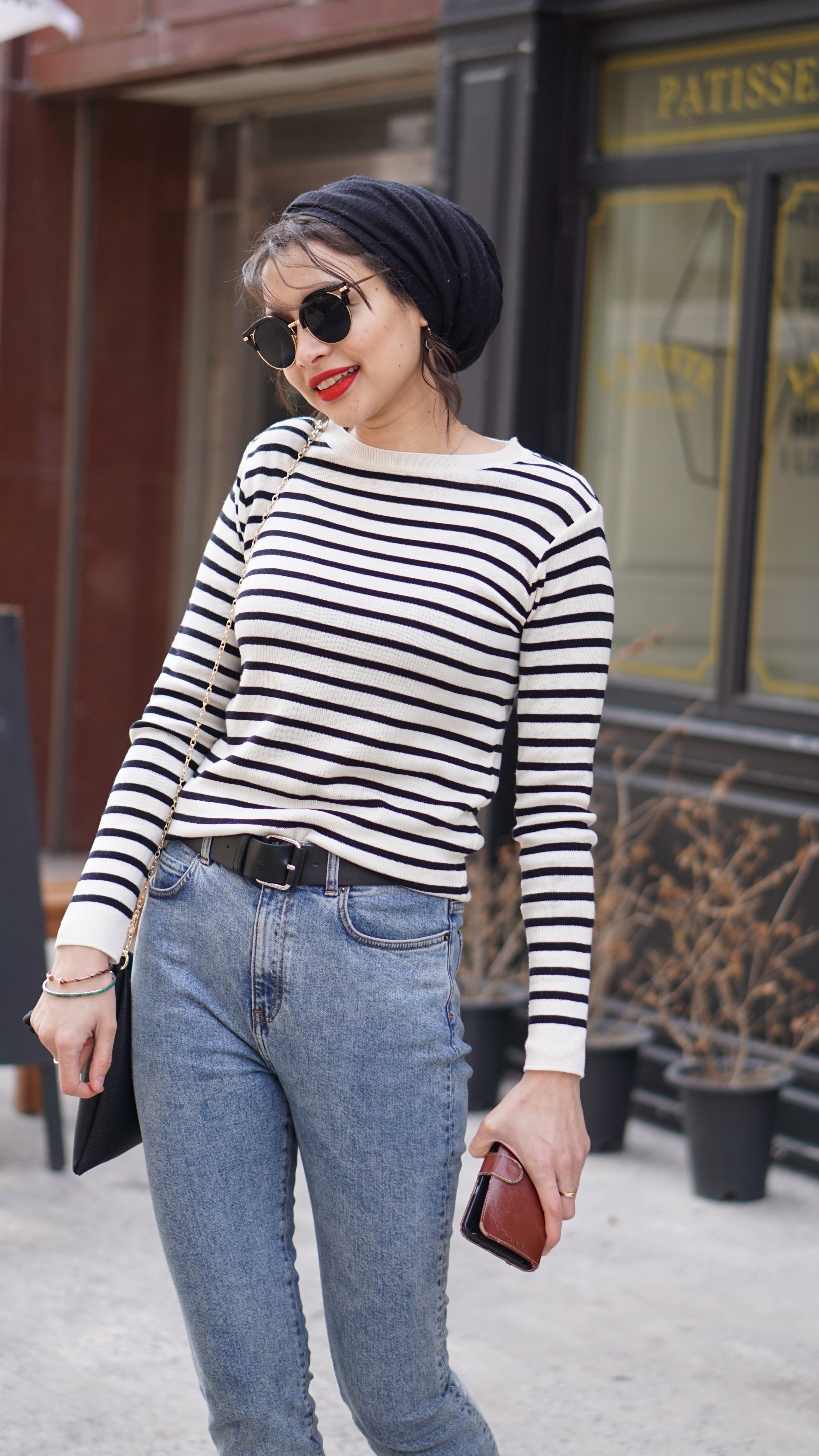 Her lip to❁French Striped Top Tuck Sleeve French Stripe Top