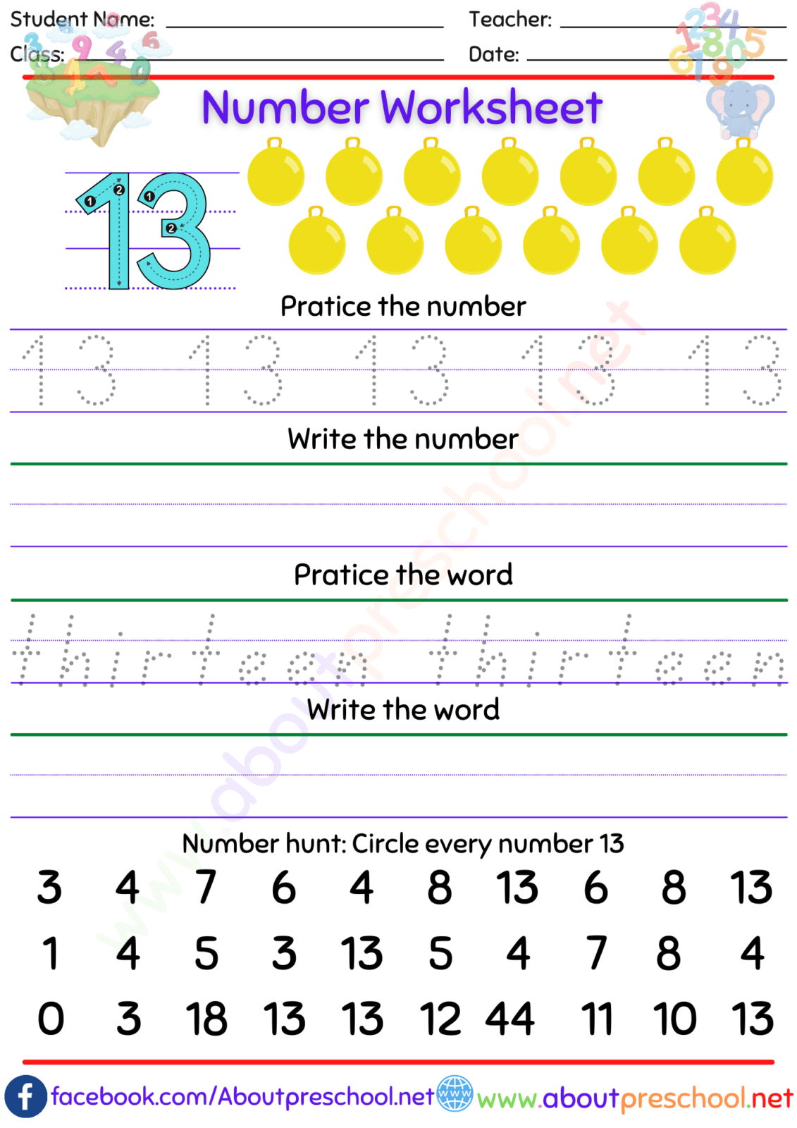Number 13 worksheet