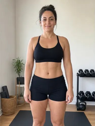 An AI-generated example of the same woman at a lower body fat with visible ab definition