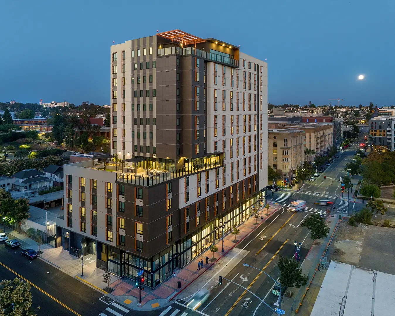 Exterior photo of the Harrington Heights apartments in San Diego, CA, a city in Southern California. Services provided here include ECC/HERS verifications for ENERGY STAR.