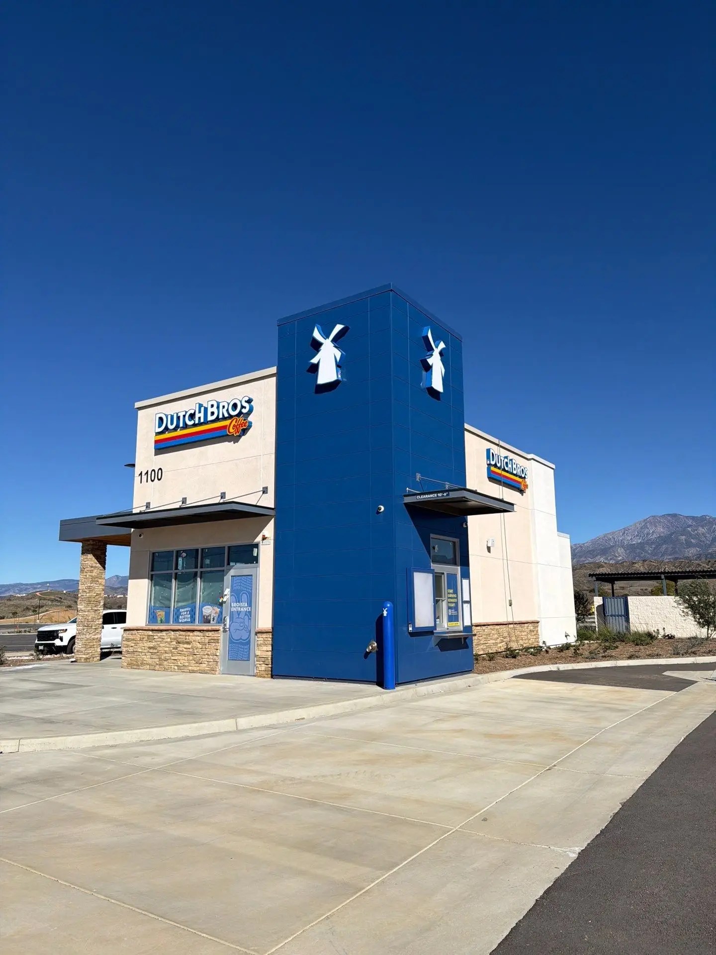 Exterior photo of a Dutch Bros in Southern, CA. Services provided here include Air Balancing (TAB) and Mechanical Acceptance Testing (MATT).