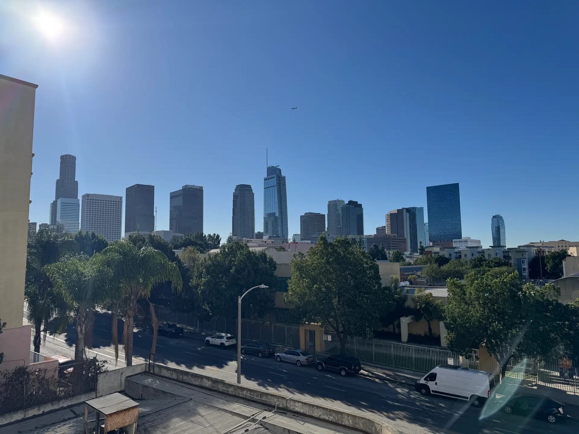 Patio view overlooking downtown Los Angeles, CA. View is from the Third Thyme multifamily housing development which received ECC (HERS) verifications for LEED.