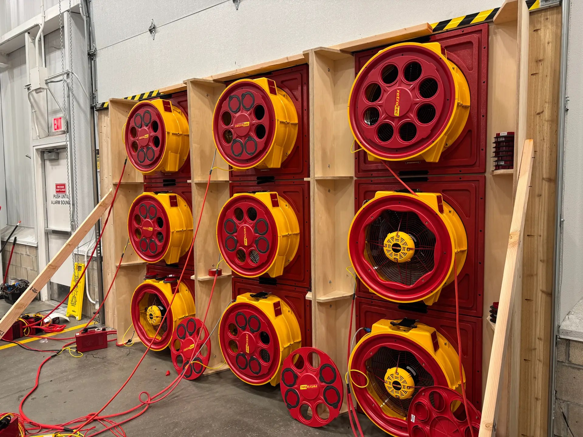 Photo of a large compartmentalization tests, also known as an enclosure leakage test or blower door test. This test was conducted for Siemens in Pomona CA. A large compartmentalization test is often conducted for ECC/HERS raters.