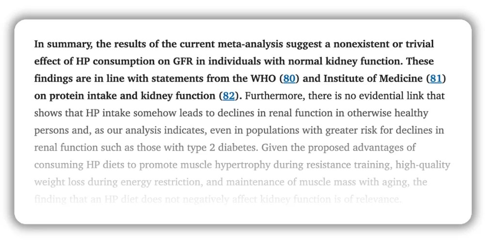 In summary, the results of the current meta-analysis suggest a nonexistent or trivial effect of HP consumption on GFR in individuals with normal kidney function. These findings are in line with statements from the WHO (80) and Institute of Medicine (81) on protein intake and kidney function 
