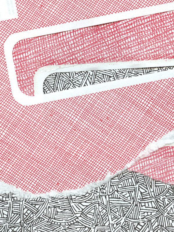 red, black, and white envelope collage snail mail security, security envelope art