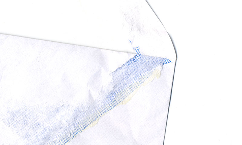 blue, yellow and white envelope collage snail mail security, security envelope art