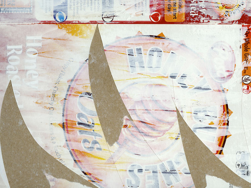 brown, red, white, and yellow collage using paint and food packaging