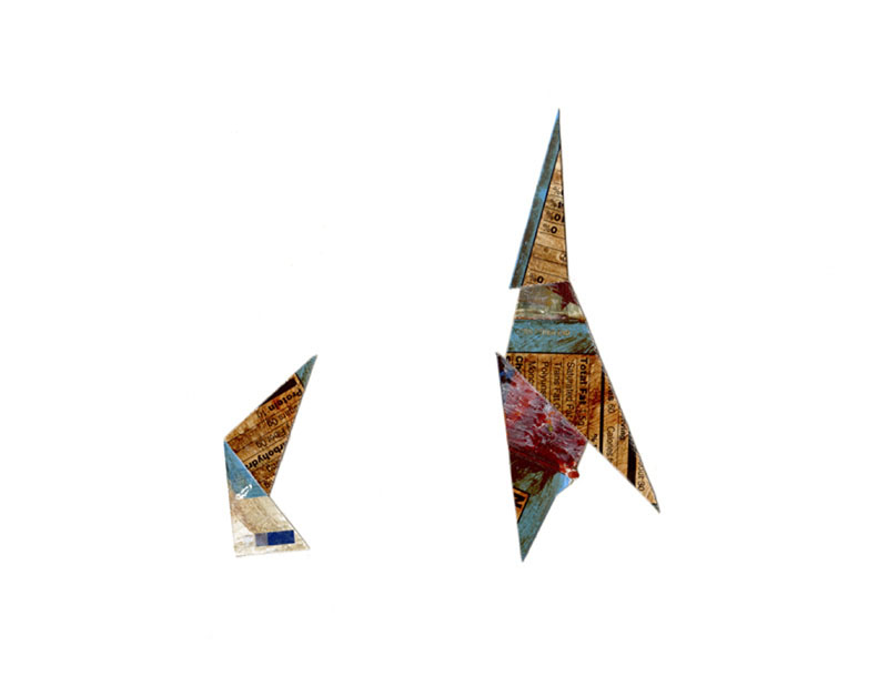 brown, blue and red collage using paint and food packaging