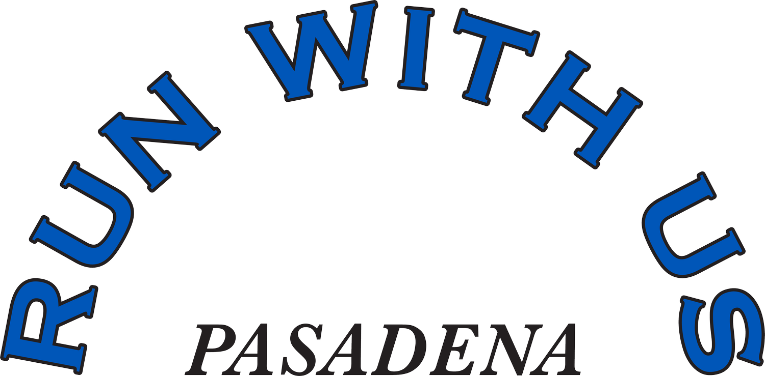 Run With Us Pasadena logo – official sponsor of the Millard Aid Station at the Angeles Crest 100 Mile Endurance Run. Blue curved text reading “Run With Us” above black text reading “Pasadena.”