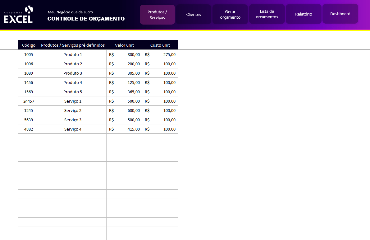 Cadastro de produtos e serviços no sistema em Excel