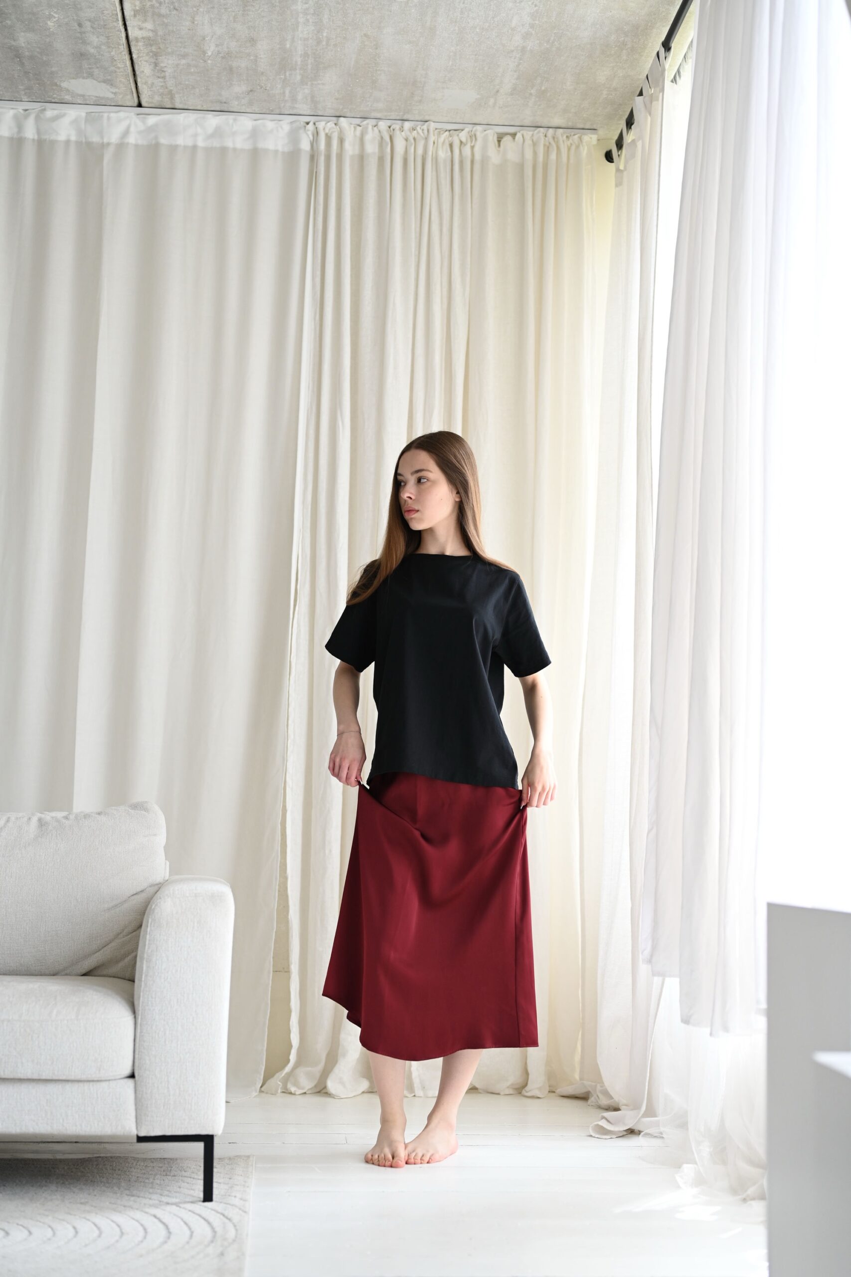 Bias Elastic Maxi Skirt | Vintage Burgundy