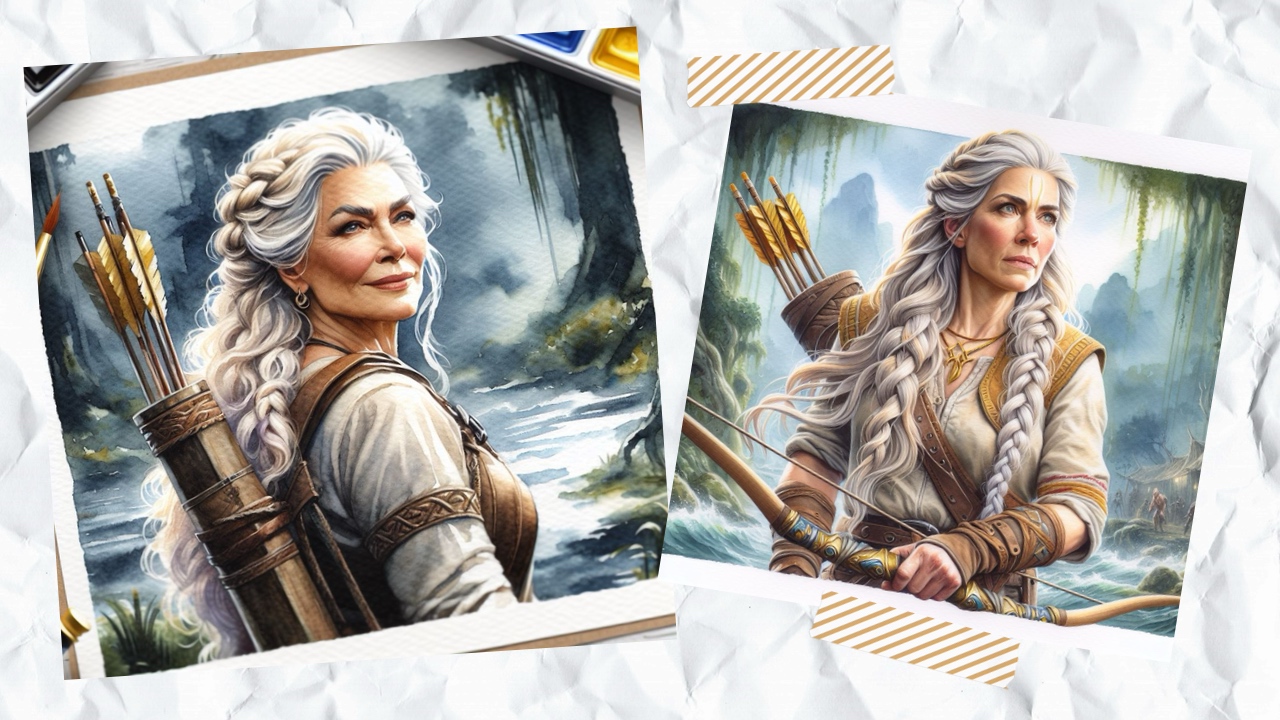 Two AI generated images of a huntress with a bow and arrows. She has long silver hair..