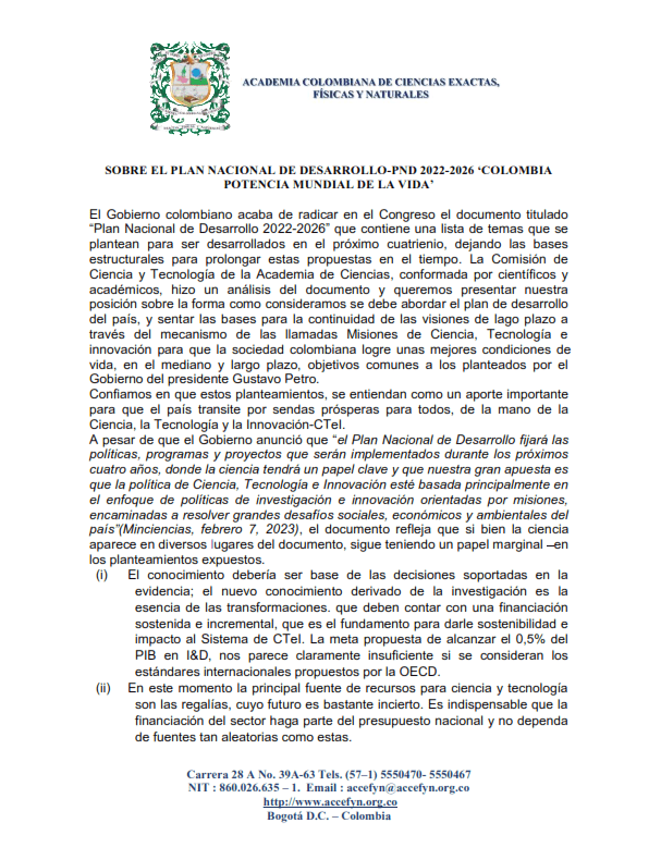 SOBRE EL PLAN NACIONAL DE DESARROLLO-PND 2022-2026 ‘COLOMBIA POTENCIA MUNDIAL DE LA VIDA’