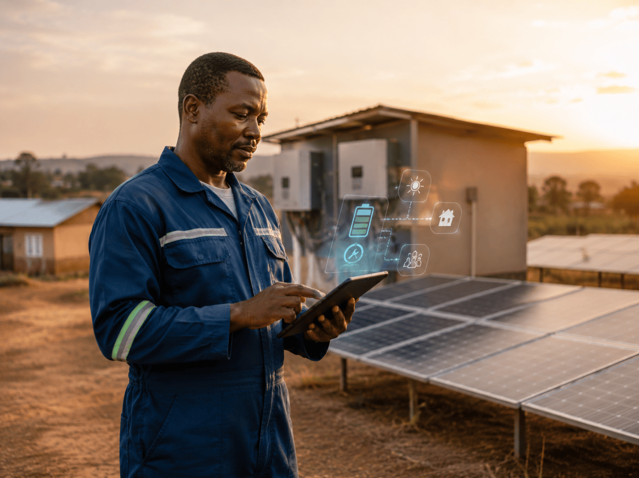 A technician checking a solar installation on a tablet