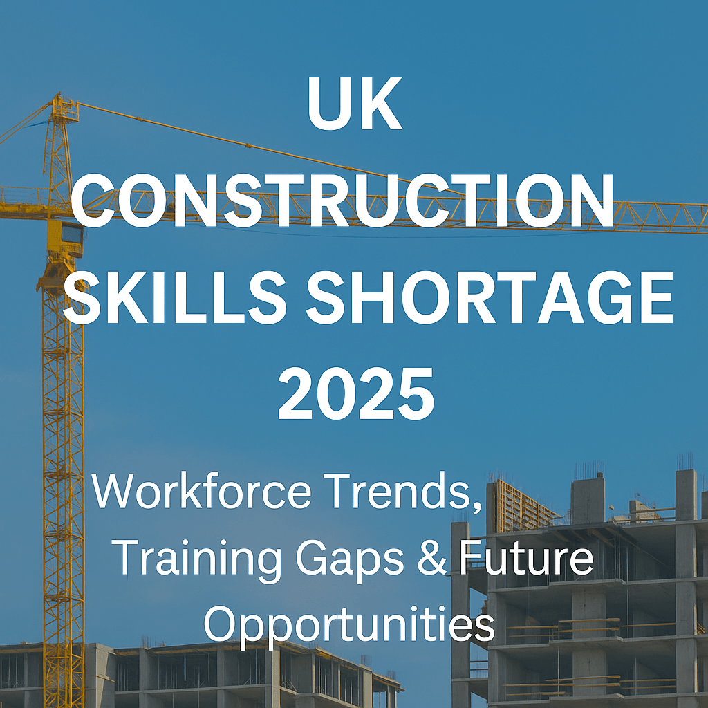 Cover image for blog titled ‘UK Construction Skills Shortage 2025’. Features a clear blue sky, yellow tower crane, and unfinished concrete building. Text overlay highlights workforce trends, training gaps, and future opportunities in the construction sector. Department for Education logo appears in top left.
