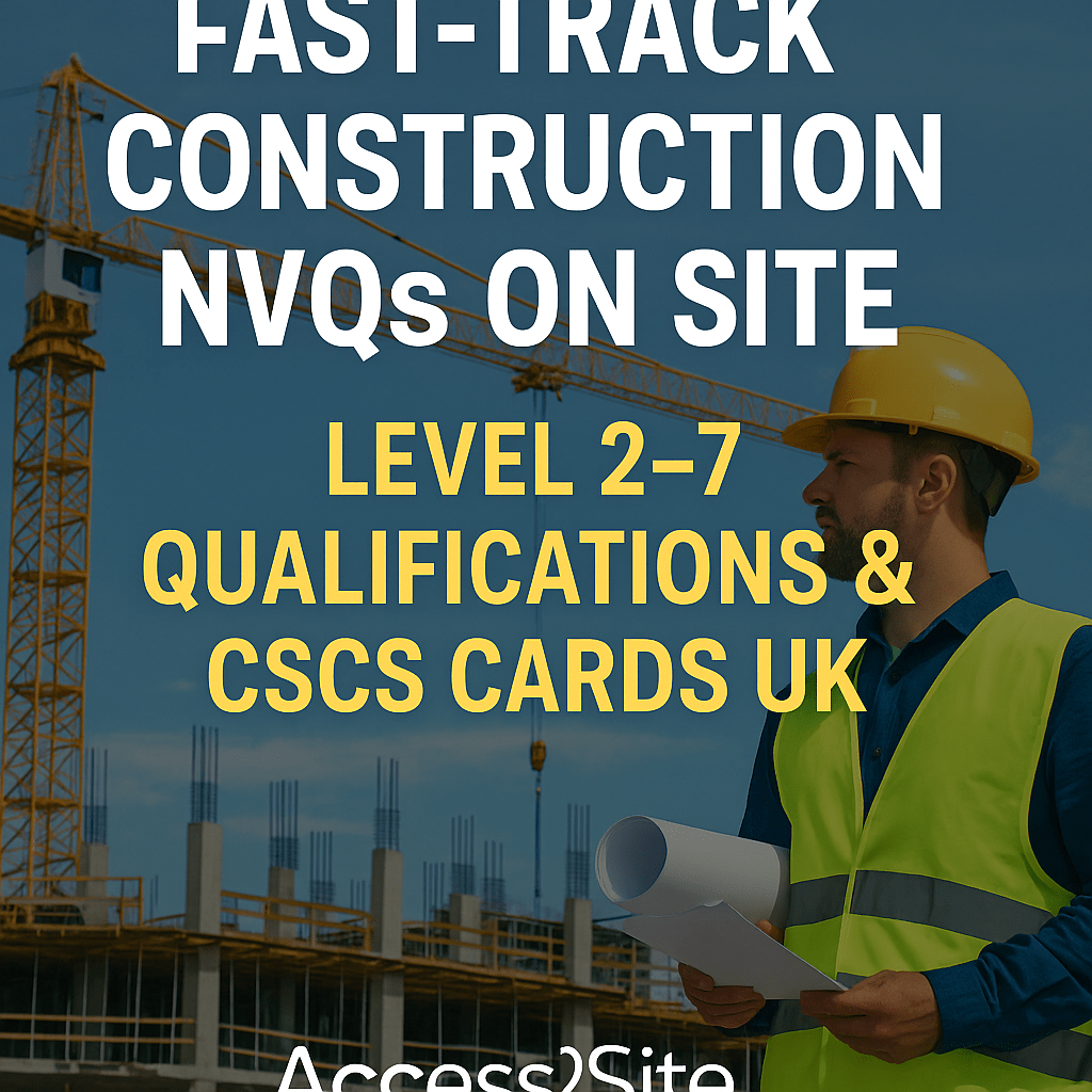 Construction site with crane and building framework in background. A male worker in a yellow hard hat and hi-vis vest holds building plans. Bold text overlay reads “Fast-Track Construction NVQs On Site – Level 2–7 Qualifications & CSCS Cards UK” with Access2Site branding.