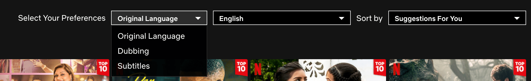 Screenshot of the sorting options available with Netflix's Browse by Languages tool