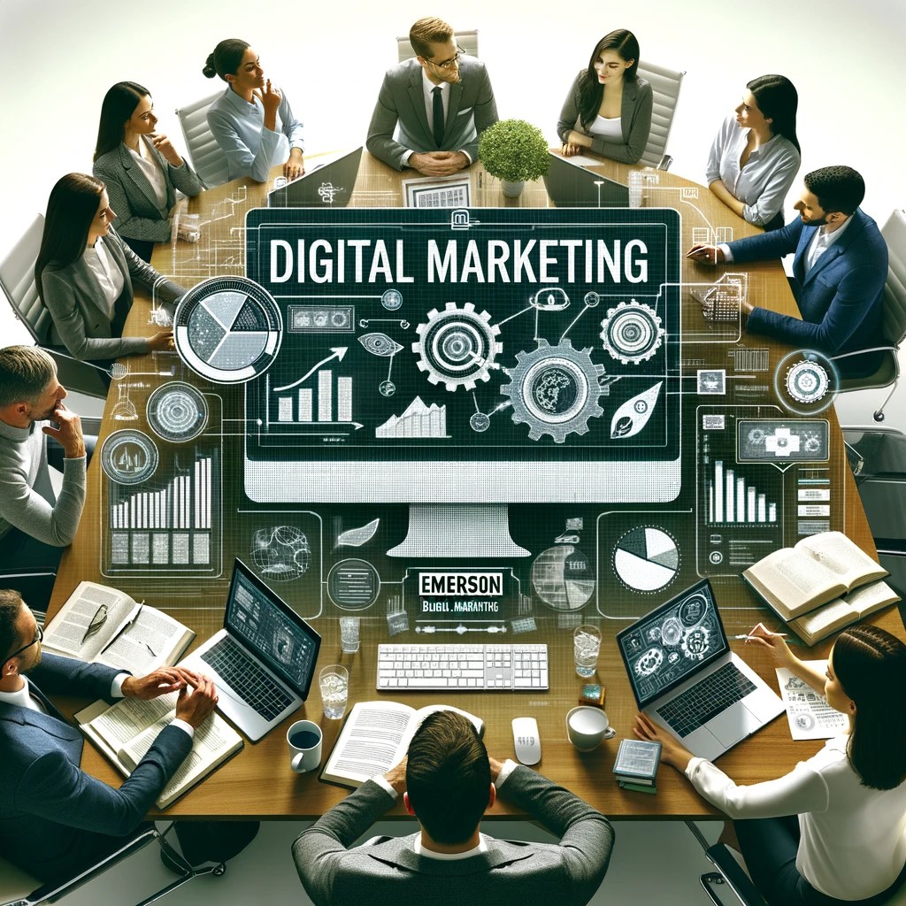 A diverse team of professionals engaged in a discussion around a computer in an office setting, with digital marketing charts and graphs visible on the screen. The table is scattered with marketing-related books and notes, symbolizing an active brainstorming session.