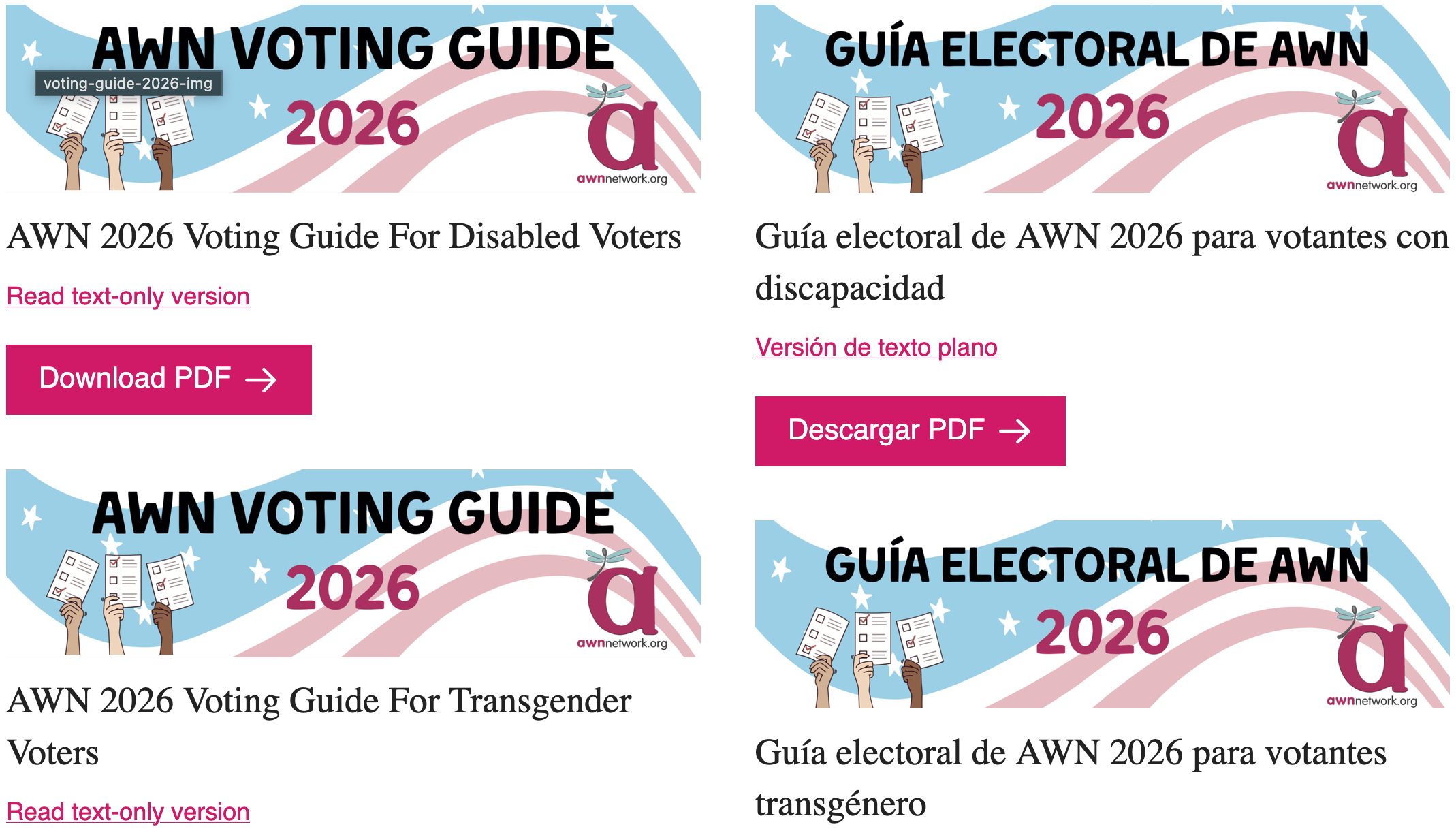 Screen capture of voting guide links and thumbnails from the AWN website. 