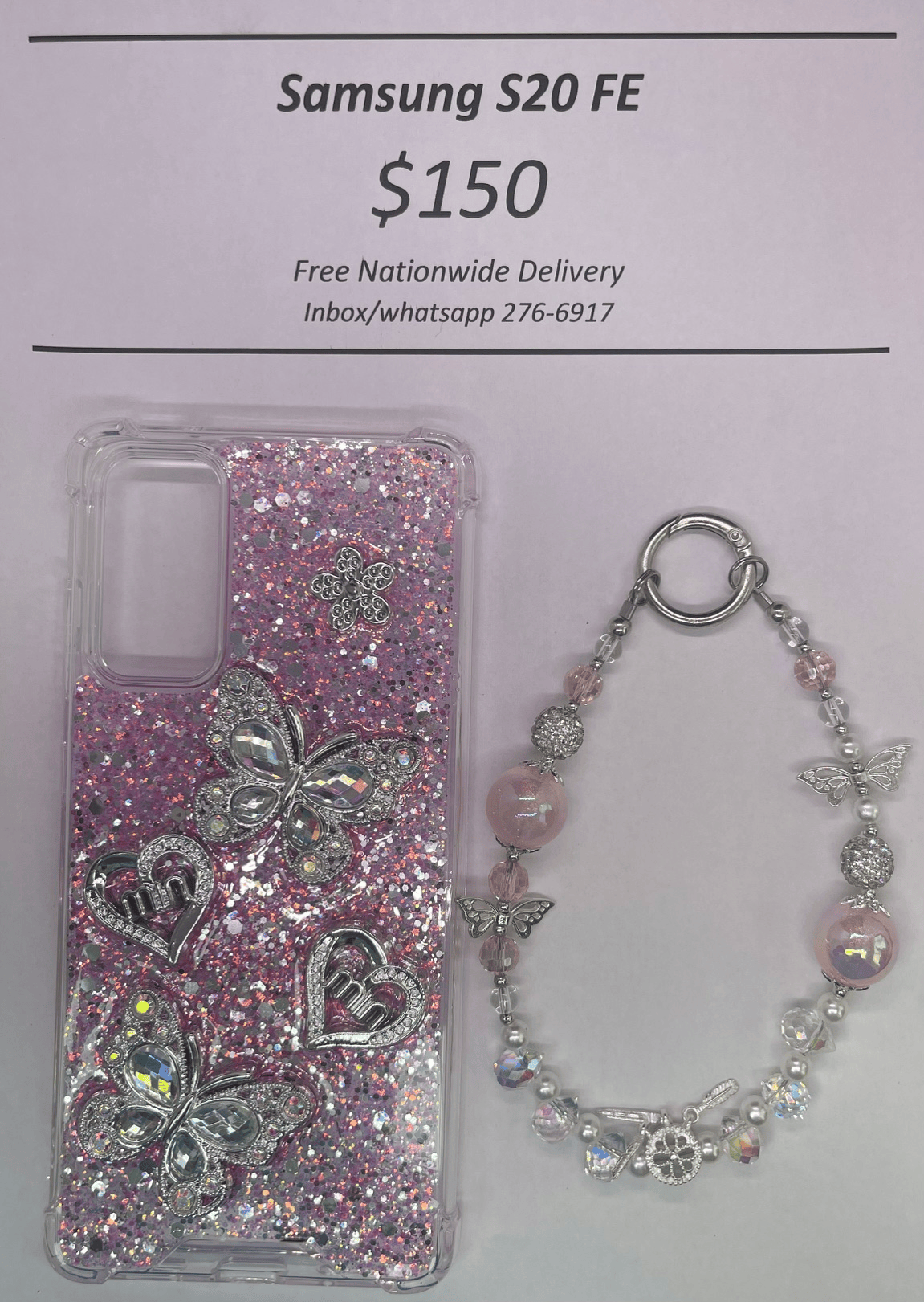 S20 FE Silver and Pink Butterfly with Charm