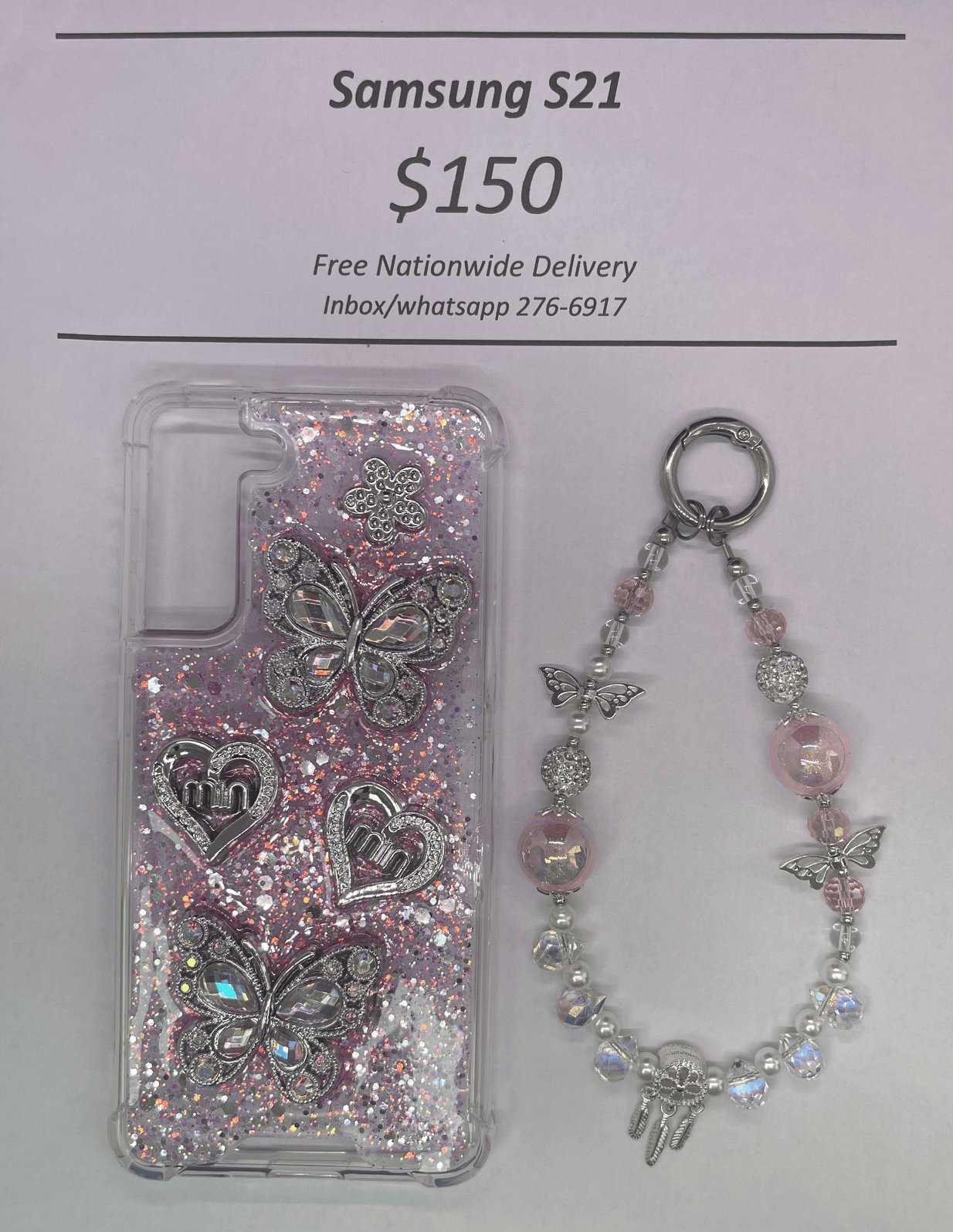 S21 Silver and Pink Butterfly with Charm