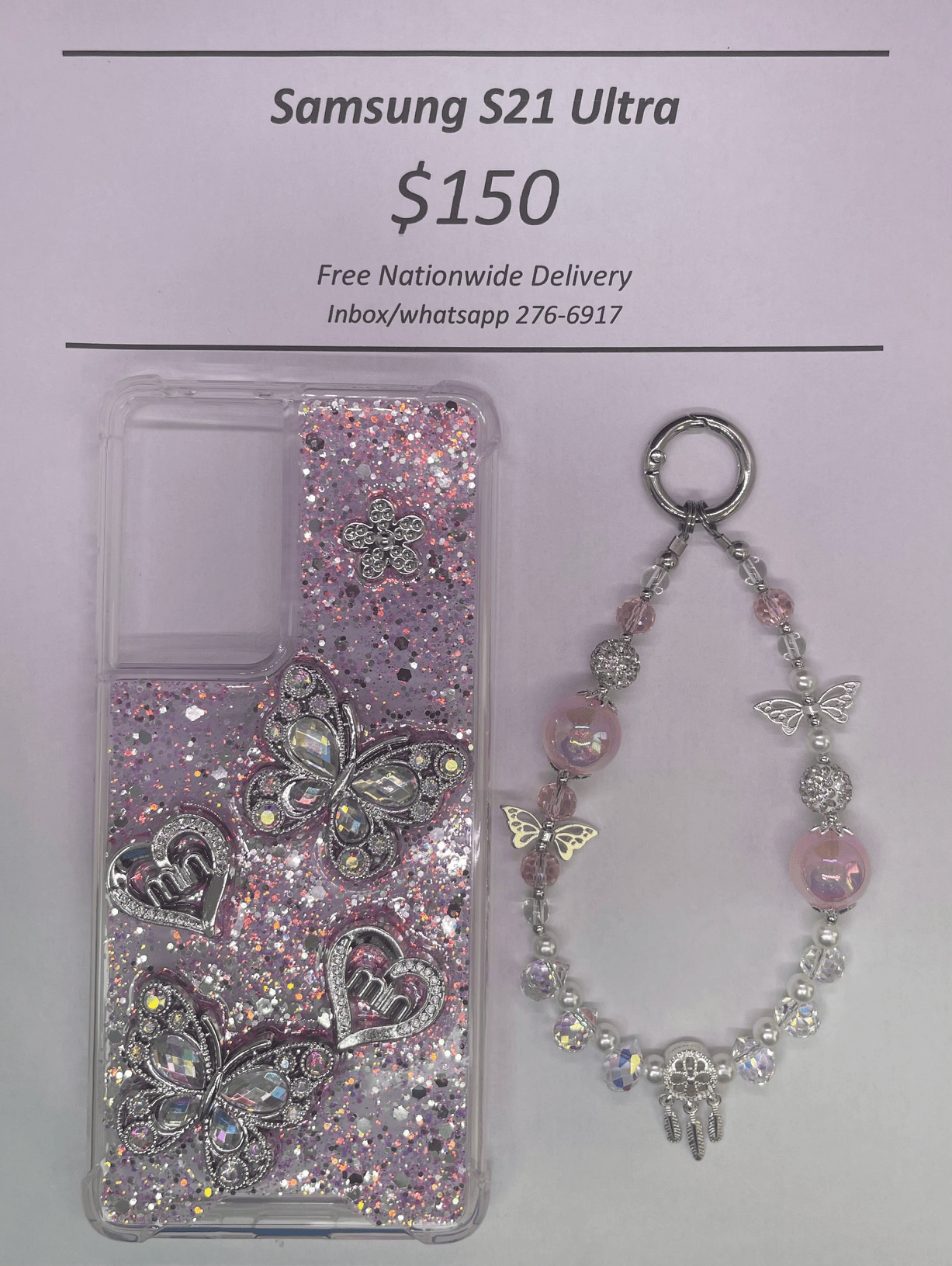 S21 Ultra Silver and Pink Butterfly with Charm