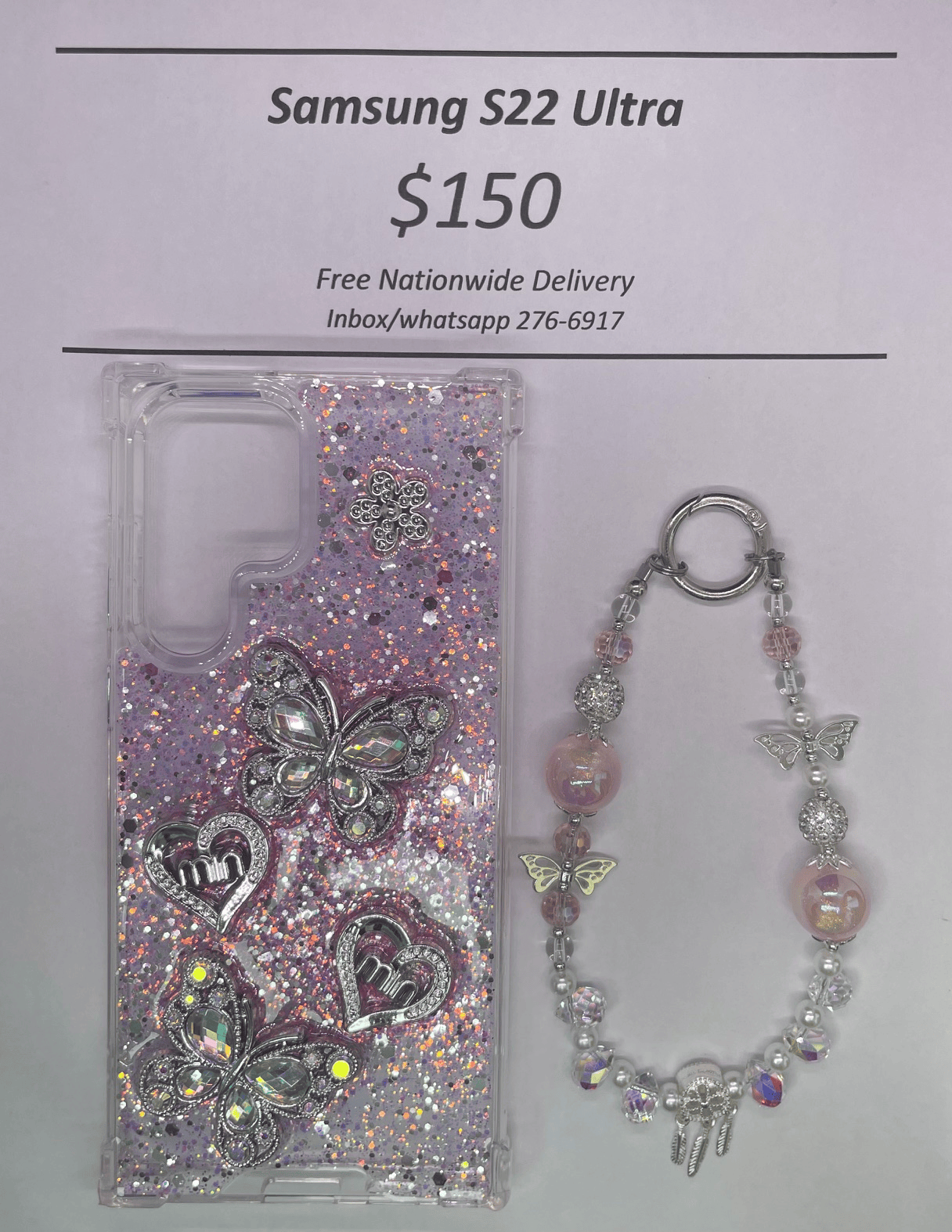 S22 Ultra Silver and Pink Butterfly with Charm