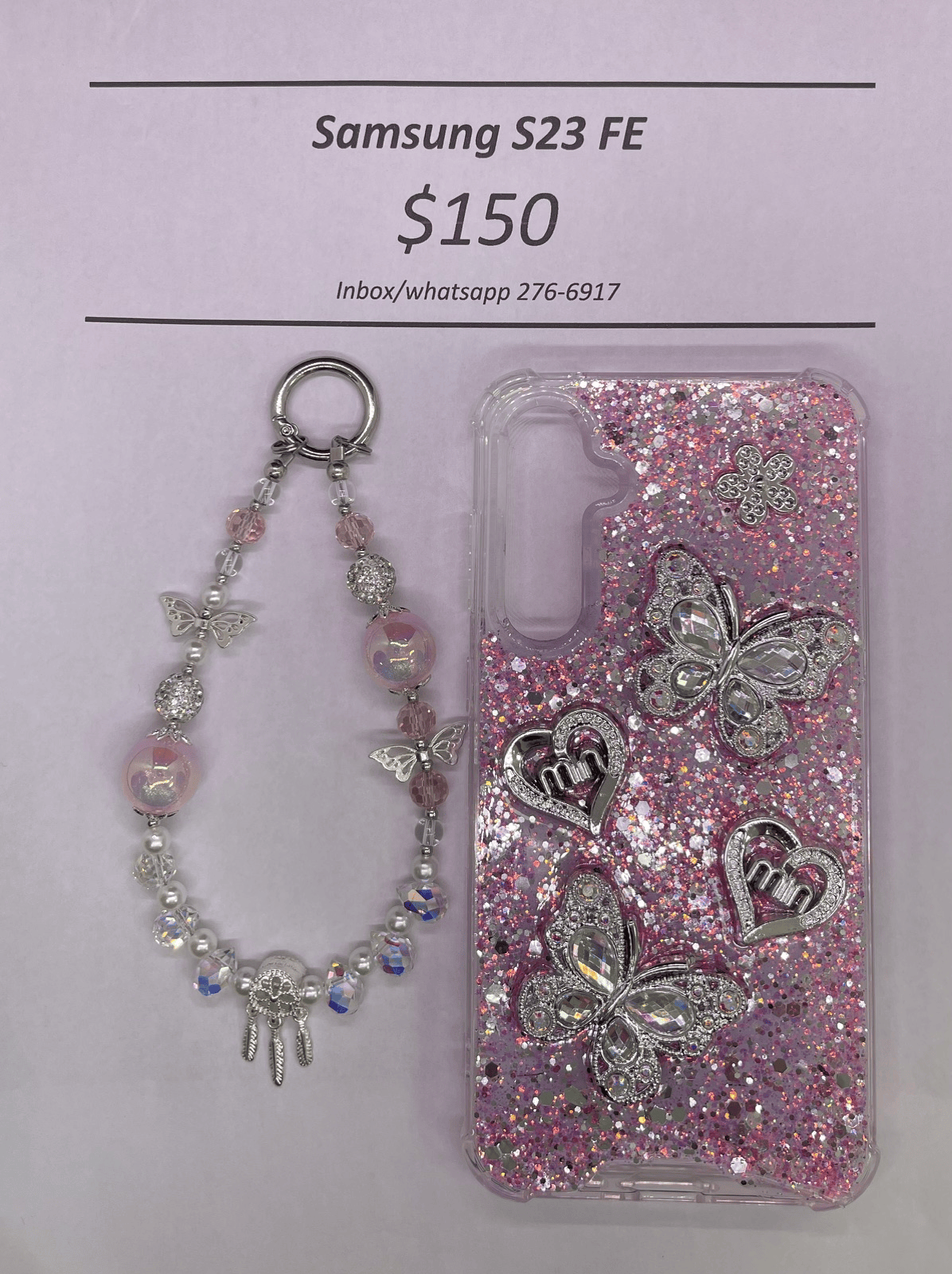 S23 FE Silver and Pink Butterfly with Charm