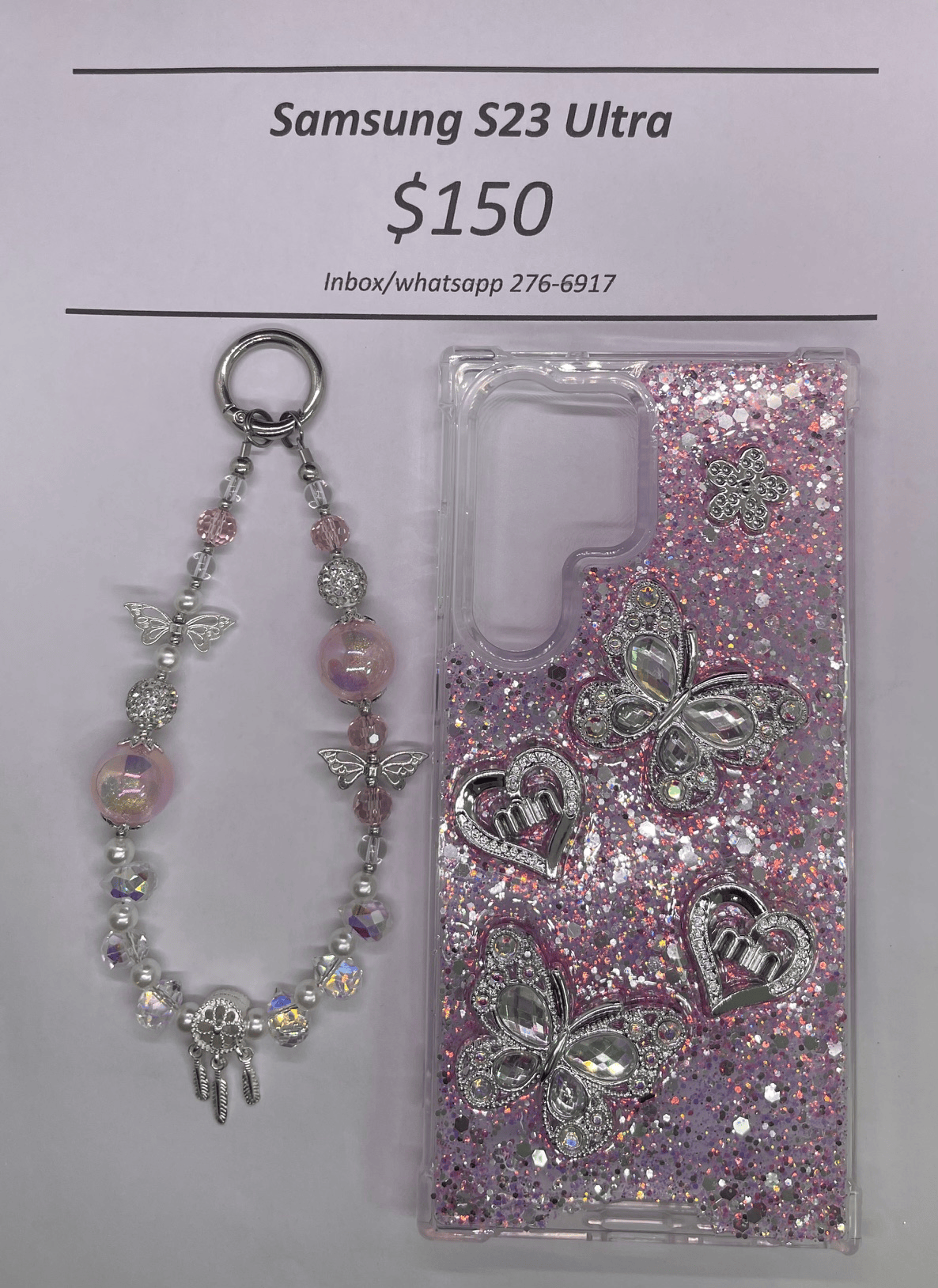 S23 Ultra Silver and Pink Butterfly with Charm