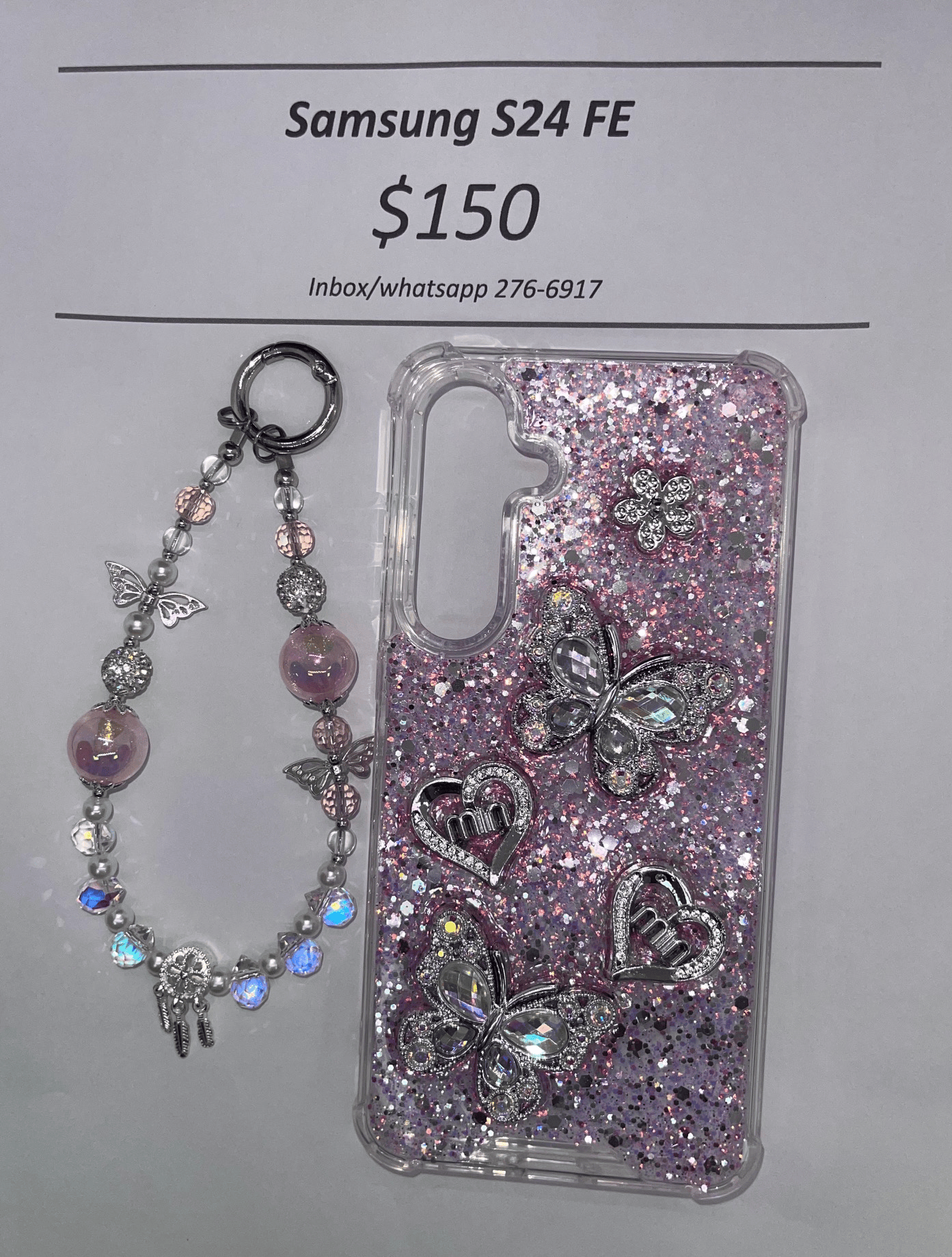 S24 FE Silver and Pink Butterfly with Charm