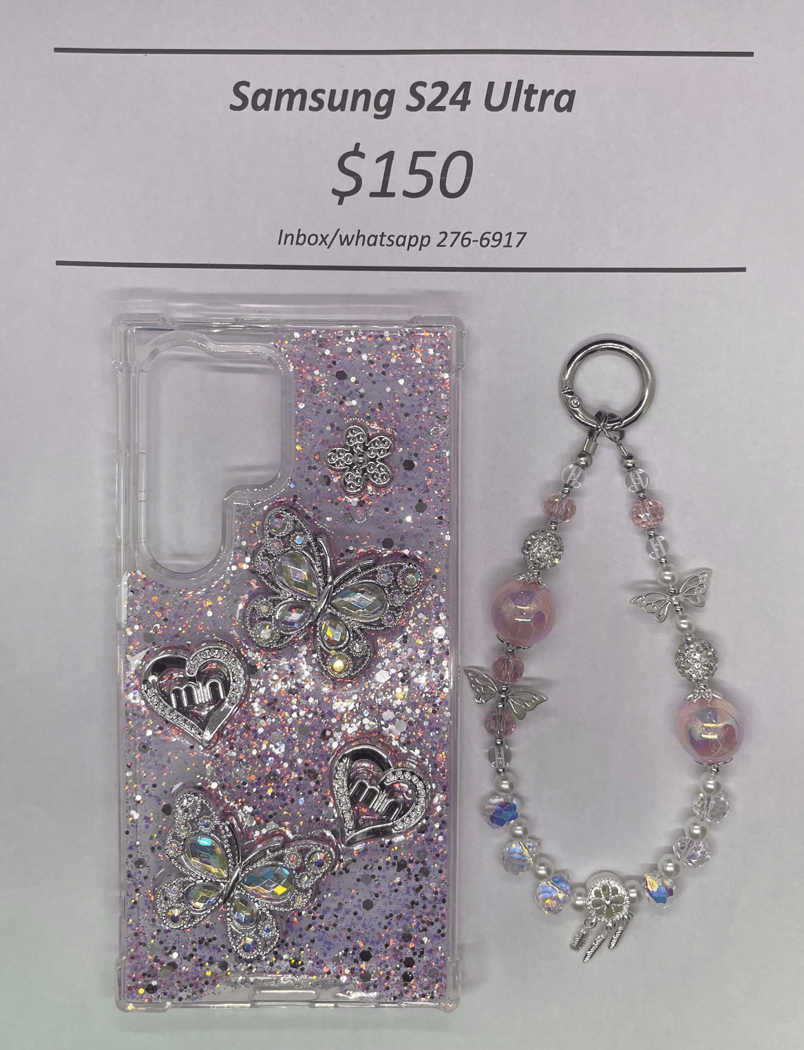 S24 Ultra Silver and Pink Butterfly with Charm