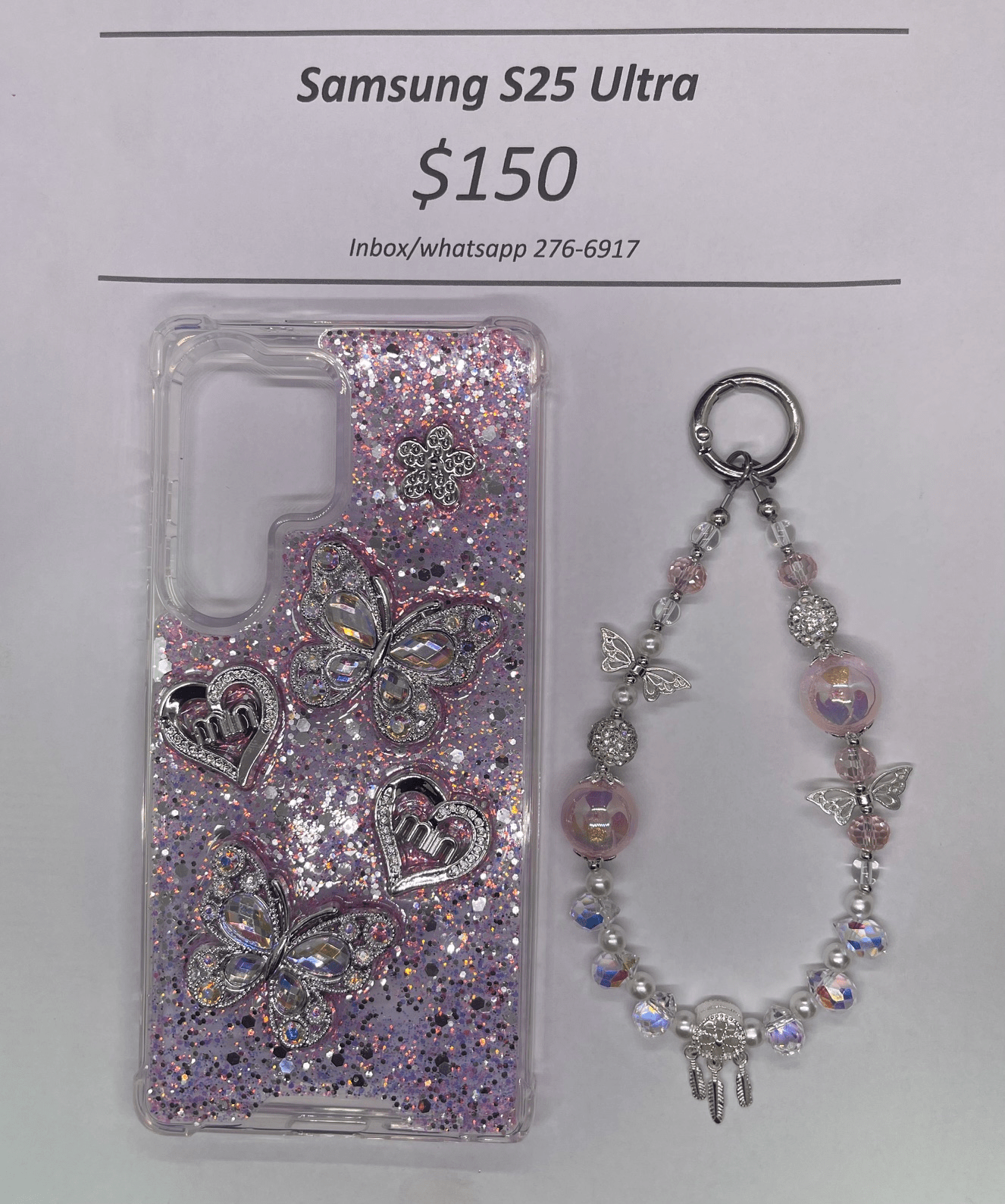 S25 Ultra Silver and Pink Butterfly with Charm
