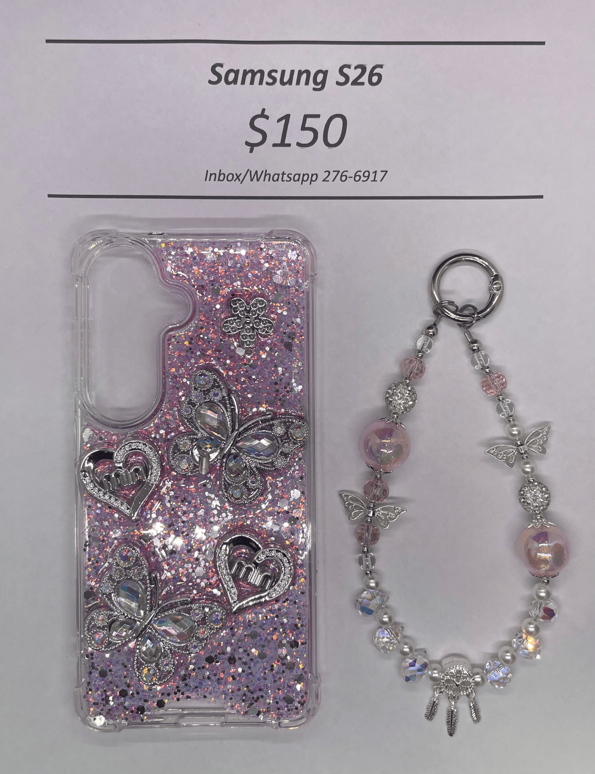 S26 Silver and Pink Butterfly with Charm