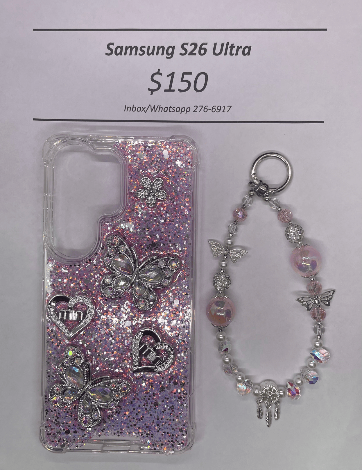 S26 Ultra Silver and Pink Butterfly with Charm