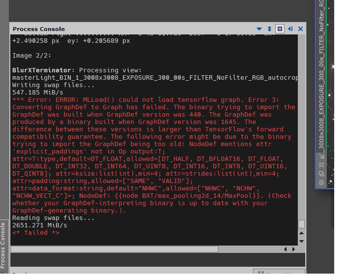 PixInsight : BXT エラー (BlurXTerminator 2.0/AI4 error in
