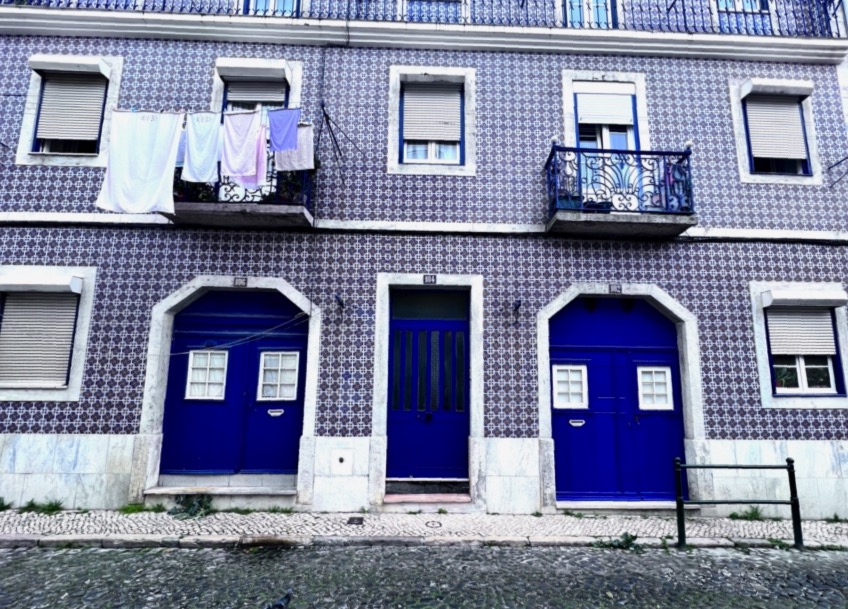 Building with blue tiled facade
