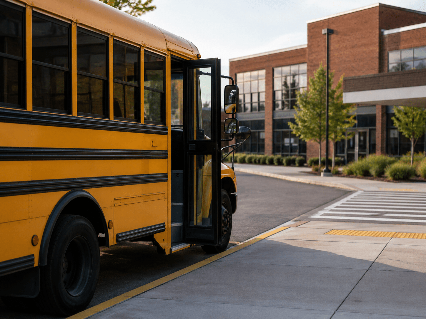 Yellow school bus with doors open at a school