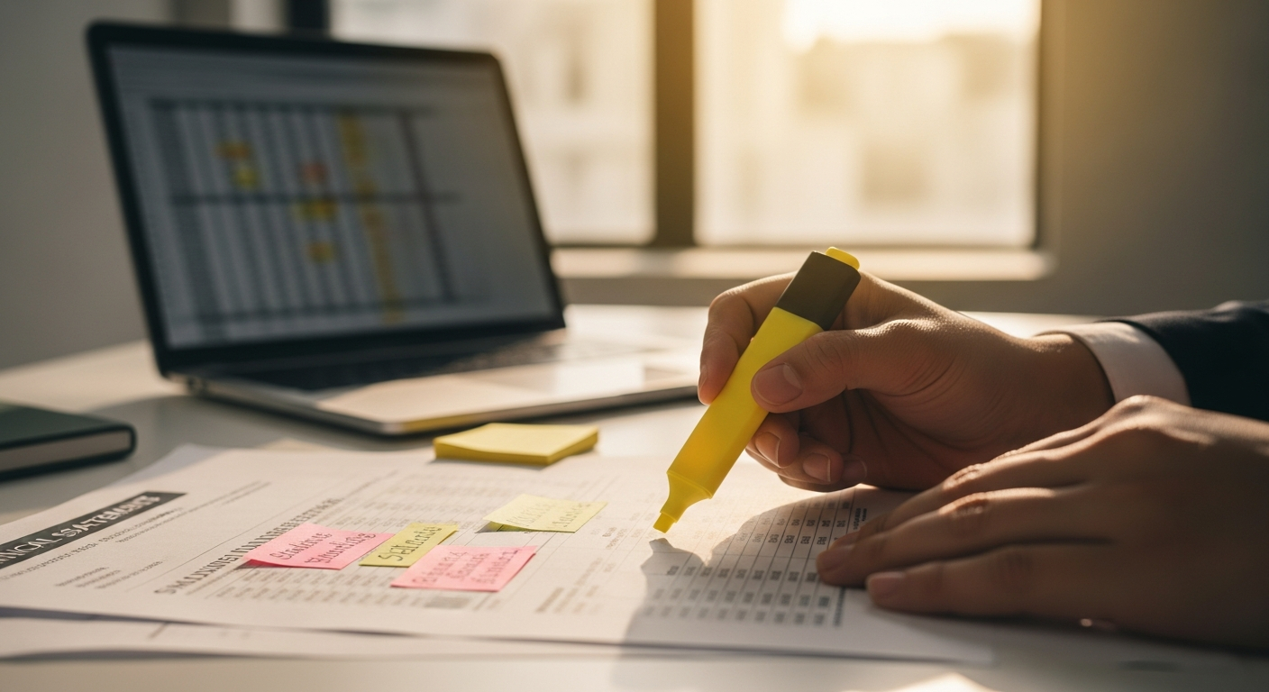 AI_IMAGE: Close-up of a professional reviewing printed financial statements with a highlighter and sticky notes, set on a clean modern desk with a laptop open to a spreadsheet in the background. Warm ambient office lighting, shallow depth of field, editorial photography | photorealistic | landscape